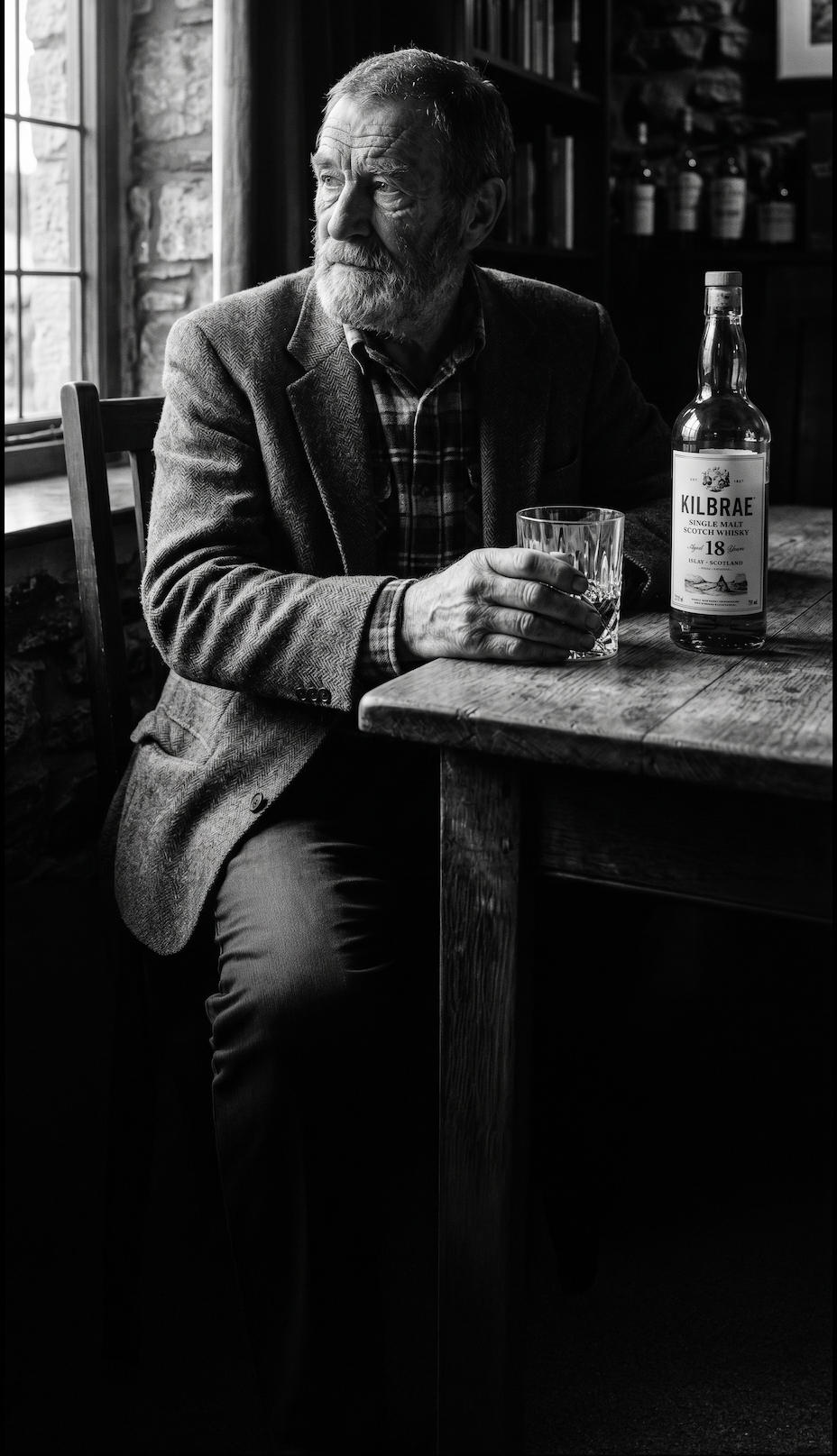 Älterer Mann mit Kilbrae Single Malt Whisky, Symbolbild für visuelle Führung in der Markenführung
